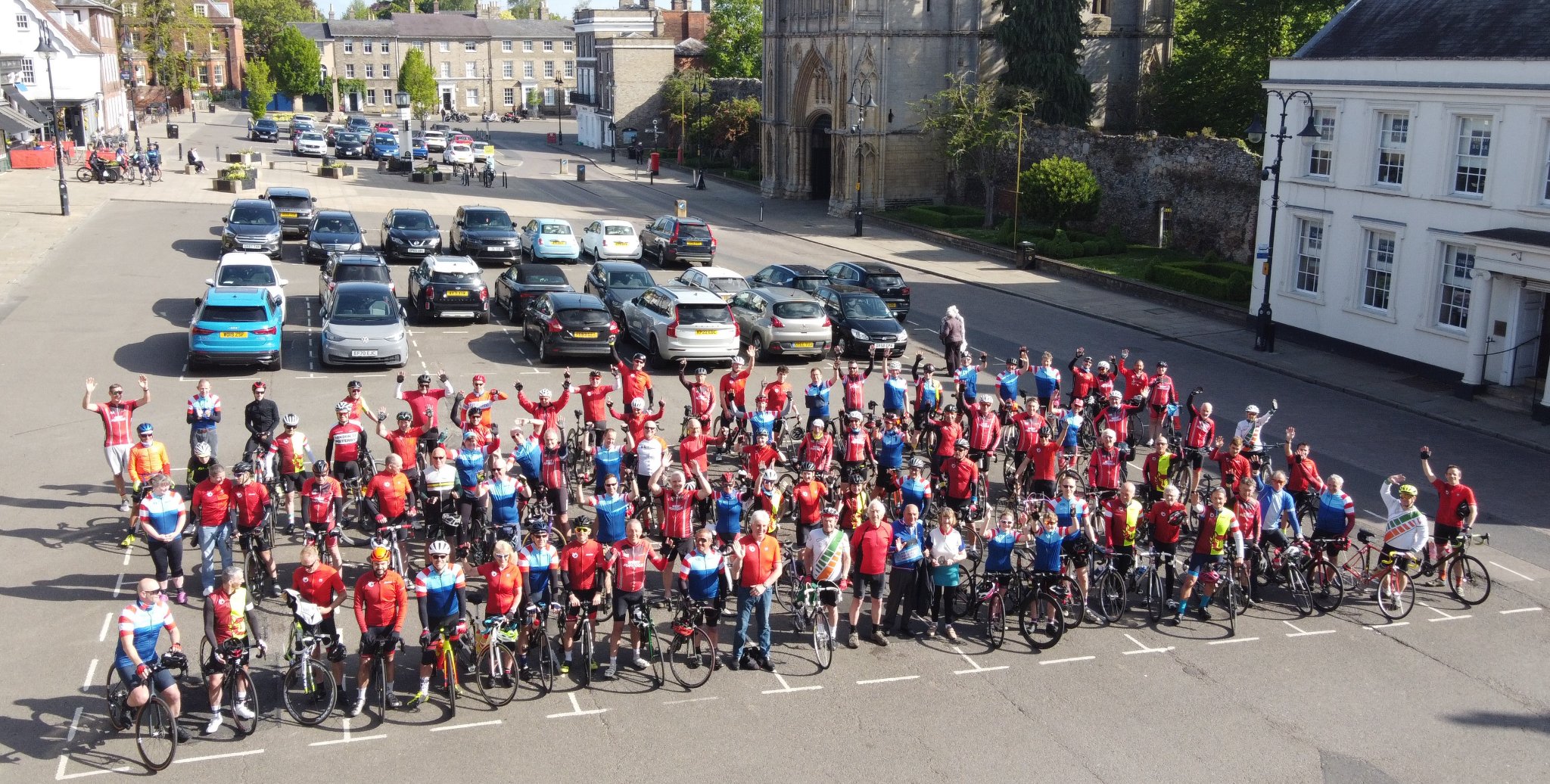 West Suffolk Wheelers assemble on Angel Hill for a group photo in May 2022
